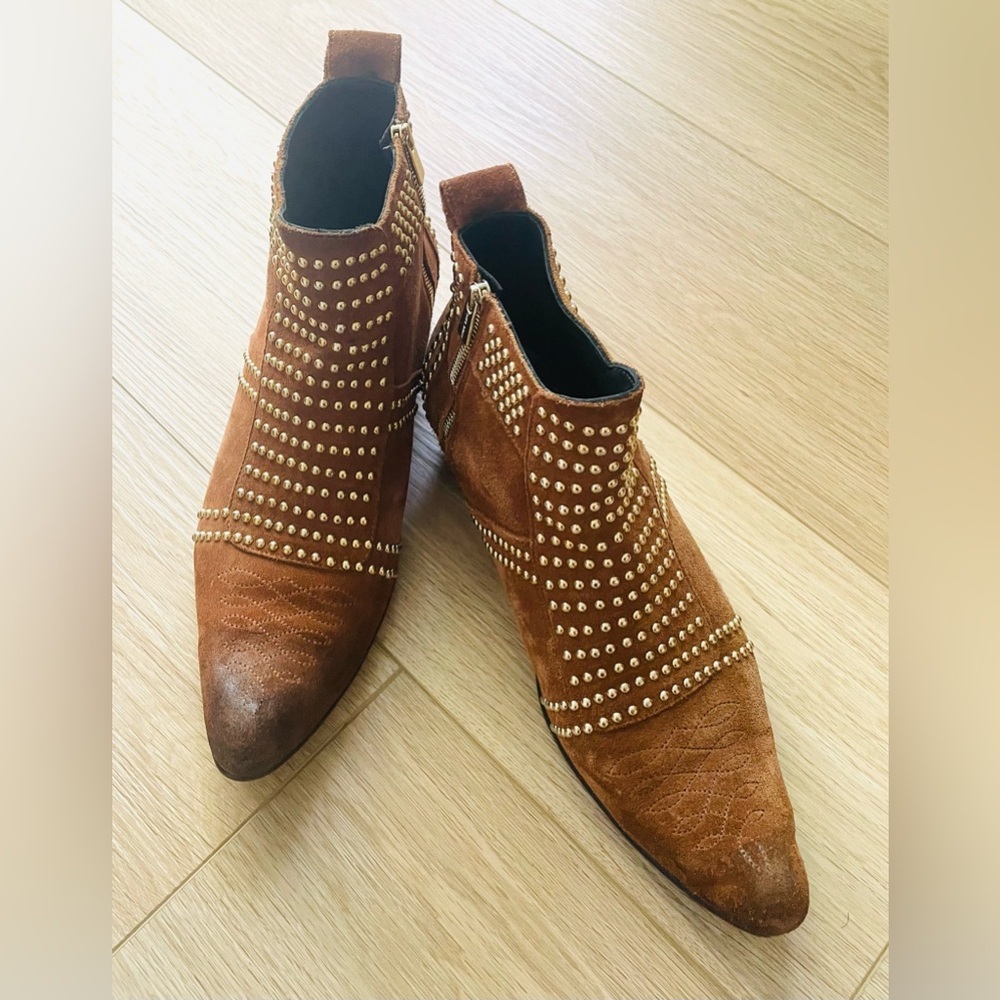 Annie Bing Camel Brown Suede Charlie Studded Western Booties Size 9 - Picture 2 of 5